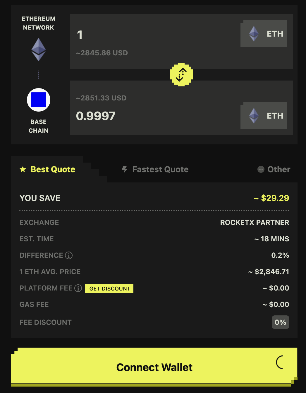 RocketX Exchange swap interface showing 1 ETH to 0.043 BTC conversion across Ethereum and Bitcoin networks, with wallet connect option and platform fee details.